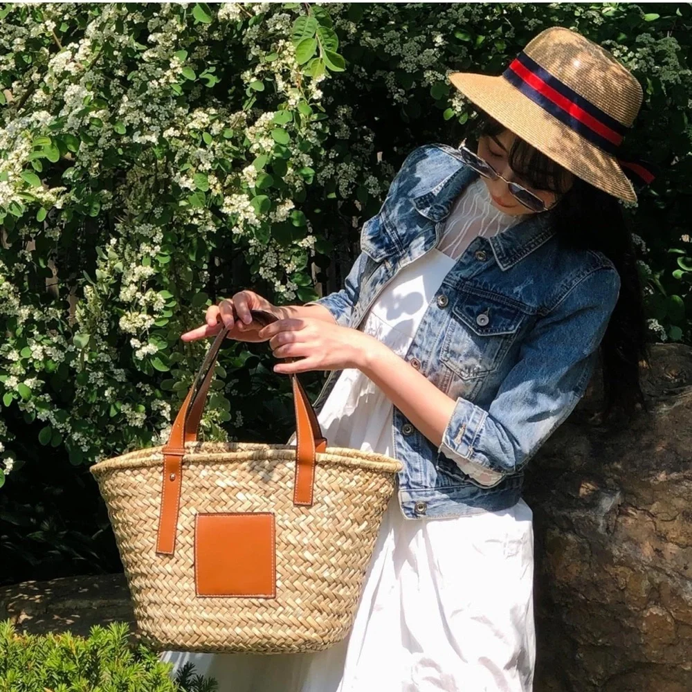 Straw Basket Tote Bag for Women PU Leather Strap Hollow Woven Top Handle… - Picture 1 of 7